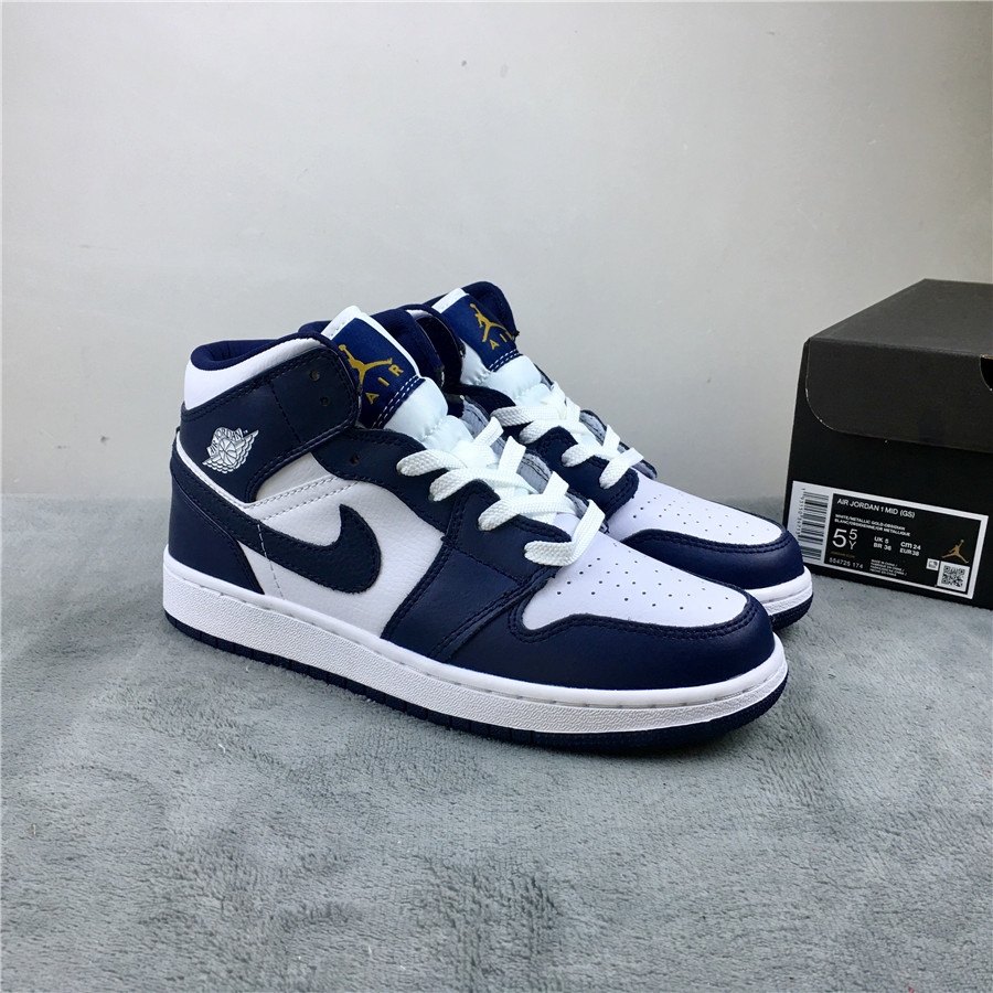 2019 Women Air Jordan 1 Mid Navy Blue White Shoes - Click Image to Close